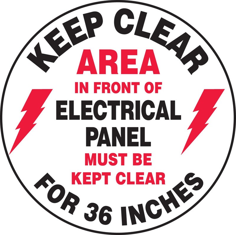 AccuformNMC Floor Sign "Keep Clear Area in Front of Electrical Panel Must Be Kept Clear for 36 Inches", 8" Diameter Non-Slip Adhesive Vinyl Electrical Panel Sign, White, Made in the USA, MFS840